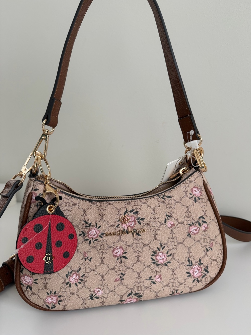 Nanette Lepore Pink Floral Shoulder Bag with Brown Trim